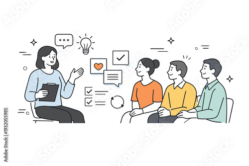 Guided group therapy. One facilitator speaking while others listen attentively, small note cards and icons nearby. Structured conversation, professional care,