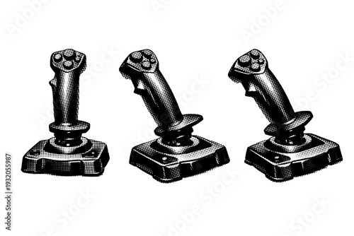Joystick Controller ? Flight-style joystick controller presented upright, tilted left, and tilted right positions, showing the same controller body and grip