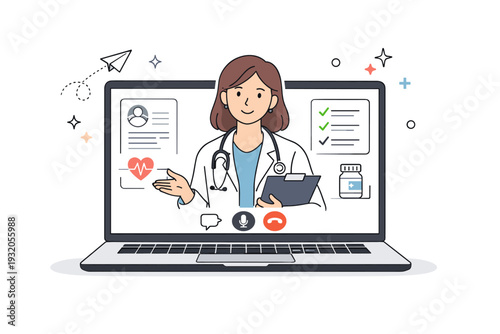 Virtual doctor appointment. A healthcare professional appearing on a laptop screen while reviewing patient information. Calm digital communication, trust and