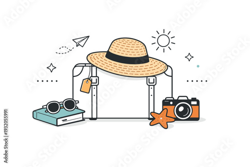 Straw hat travel mood. A straw hat resting on a suitcase with simple travel items, suggesting summer journey and anticipation. Clean composition with calm