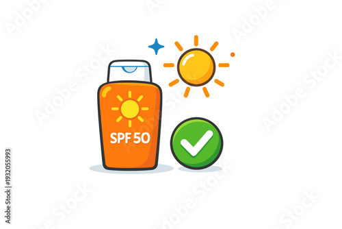 Sunscreen dermatology concept expressed through a sunscreen bottle paired with a minimal sun and check mark, conveying reliability, protection and informed