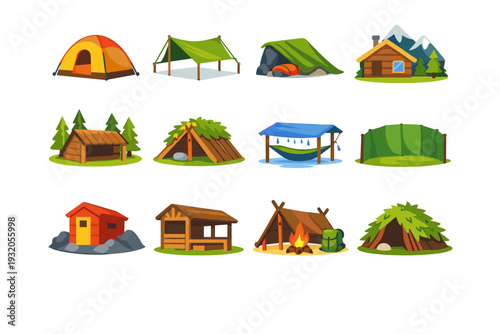 Outdoor shelter. Colorful flat vector icons set of Outdoor shelter: camping tent, tarp shelter, bivouac, mountain hut, forest shelter, survival roof, rain