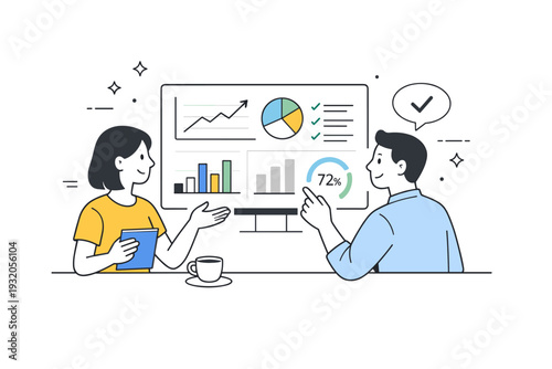 Analytics teamwork dashboard. Two simple characters discussing insights while looking at a shared data dashboard. The mood reflects collaboration, alignment,
