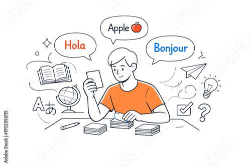 Language translation flashcards study. Person sitting at a desk flipping flashcards, speech bubbles with simple words appearing above. Calm focused atmosphere