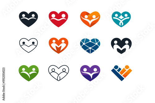 friendship. Icon set. Set Logo of friendship: heart with connection line. harmonious logo variations of the same emblematic concept, each with different