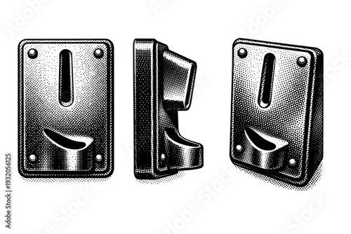 Vending machine coin slot A detailed coin slot of a vending machine presented as a single object in three views including front, side, and angled, focusing on
