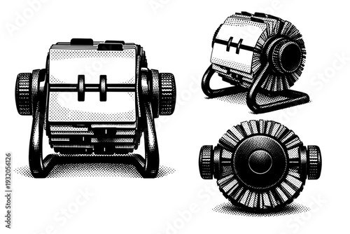 Rolodex card holder drum. A realistic Rolodex focusing on the rotating card holder drum is presented as a single object shown in three views emphasizing card