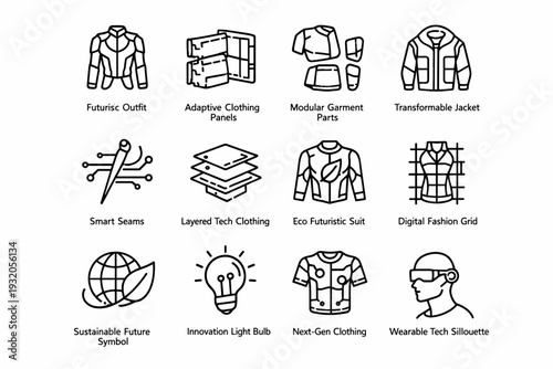 Future Apparel. Line icon set of Future Apparel: futuristic outfit outline, adaptive clothing panels, modular garment parts, transformable jacket, smart seams,