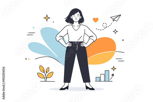 Female empowerment. A confident woman standing tall with hands on hips, surrounded by subtle abstract shapes representing strength and positivity. The scene