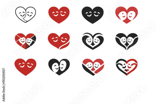 Couples sharing laughter and joy together. Icon set. Set Logo of happiness: heart with smiling faces. harmonious logo variations of the same emblematic