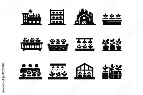 Urban farming. Solid icon set of Urban farming: rooftop garden, vertical farm, city farm building, planter box, balcony garden, hydroponic system, grow lights,