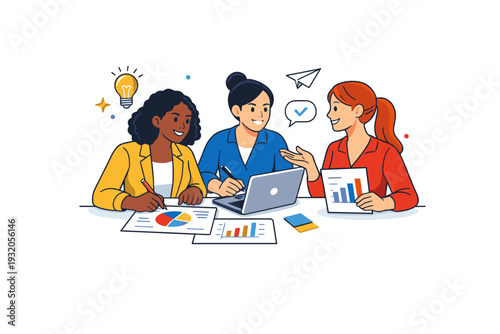 Women in business shown through a small team of women collaborating over charts and documents, symbolizing teamwork, innovation, and inclusive professional