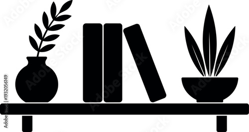 Flat design silhouette close up minimalist shelf with vase plant books leaning and bowl planter side view calm composition decor