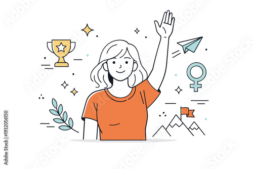 Celebrating women. A woman raising one hand with a gentle smile, surrounded by light decorative elements suggesting pride, achievement, and empowerment. The
