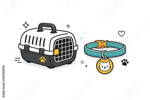 Cat travel accessories. A focused editorial scene with a cat carrier, collar and ID tag placed neatly. Safety, mobility and care on the go, with