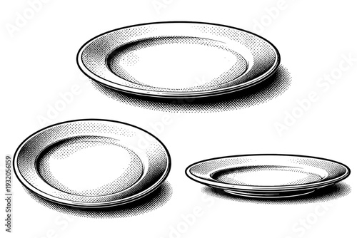 Plate ? classic round ceramic dinner plate with subtle rim curvature and smooth glazed surface shown as a single object. Black and white dot style with