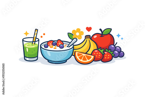 Spring Wellness healthy breakfast concept with fresh fruits, yogurt, and a small smoothie glass arranged neatly on a table, representing nourishment, energy,
