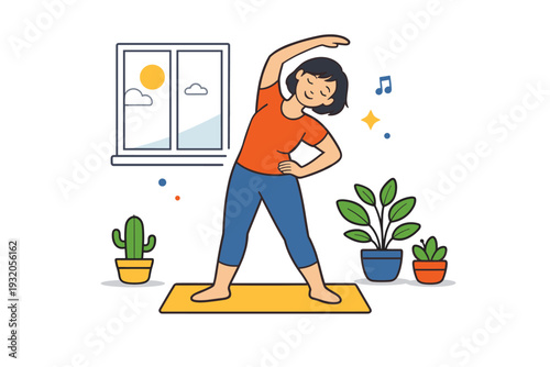Lifestyle Illustration healthy morning routine with a person doing light stretching exercises near a window and small potted plants, expressing energy,