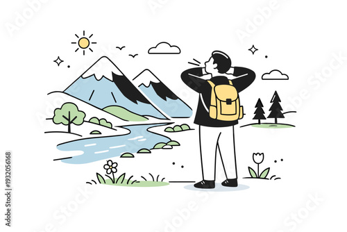 Nature getaway in spring. A person standing near mountains and a river, breathing fresh air and enjoying the view. The scene feels open and refreshing,