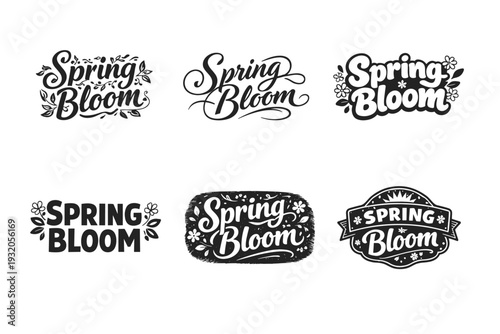 Spring Bloom. Set lettering. harmonious lettering variations of the same emblematic concept, each with different artistic interpretation (Decorative floral or