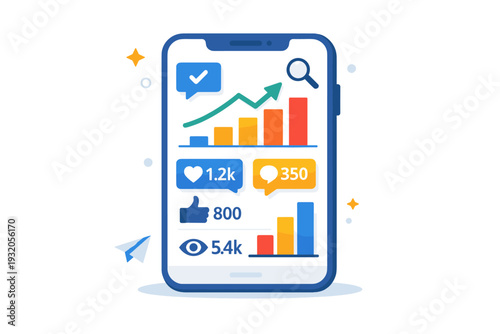 Social media analytics represented by simple bar charts and reaction icons displayed on a phone screen. The scene highlights insights, performance tracking,