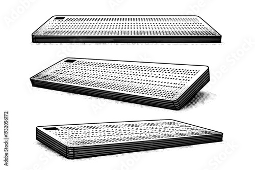 Punch card side profile A detailed side profile of a punch card presented as a single object in three views including flat side, angled, and slightly rotated,