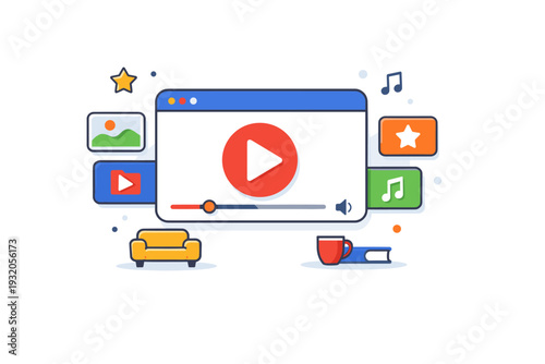 Video streaming interface presenting an intuitive and relaxed viewing experience. A compact visual metaphor built around a media player window with a play