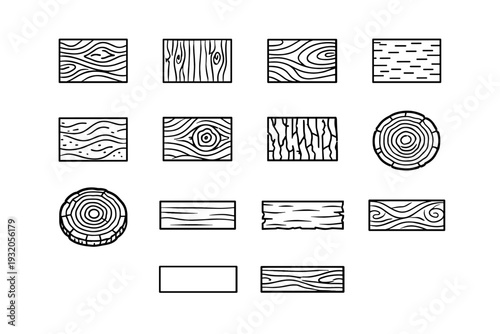 Wood Textures. Line icon set of Wood Textures: oak grain, pine grain, walnut grain, birch grain, maple grain, knot pattern, bark texture, rings, cross section,