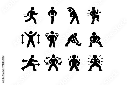 Fitness Warm Up. Solid icon set of Fitness Warm Up: runner warm up, gym warm up pose, stretching before workout, cardio activation, joint mobility routine,