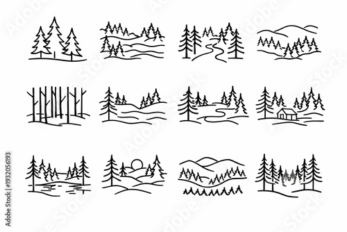 Foggy Forest. Line icon set of Foggy Forest: pine trees silhouettes, fog between trees, forest path, depth layers, tall trunks, mist drift, quiet woods, early