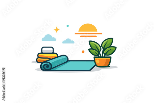 Wellness retreat vibes centered on calm escape with a small scene of a yoga mat, indoor plant, and soft sunlight accents, conveying balance and inner peace. A