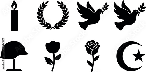 Flat vector memorial icon close up black silhouettes doves looking right holding olive branch candle helmet wreath rose tulip minimalist
