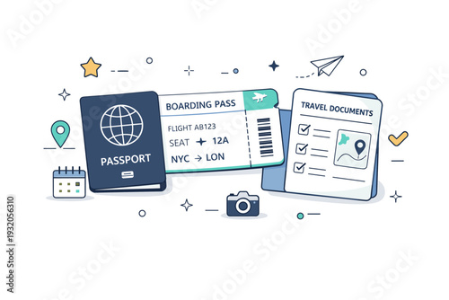 Passport and documents. A passport, boarding pass, and travel documents laid out carefully, with small icons and abstract shapes floating around. The mood