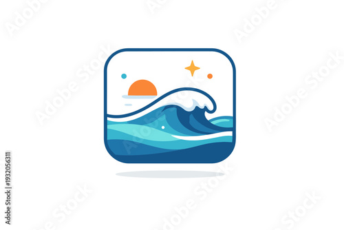 Ocean waves slow living mood illustrated as a soft wave resting in a minimal frame with subtle sparkles, evoking relaxation, patience and peaceful seaside