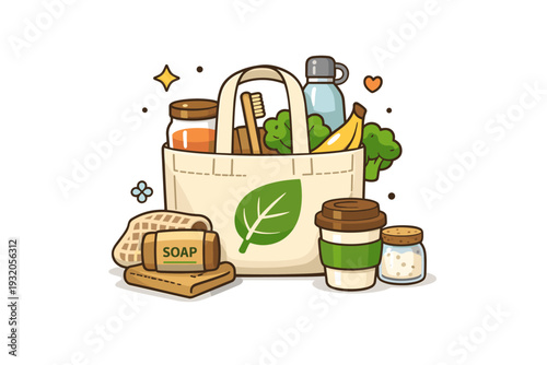 Sustainable lifestyle reflected in a reusable shopping bag with a leaf symbol and small everyday items inside. The scene communicates mindful consumption and