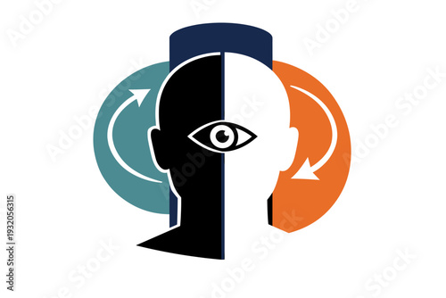 Black and white frontal head silhouette split vertically, arrows rotating around the head in circular motion, deep navy cylinder shape crossing behind, muted