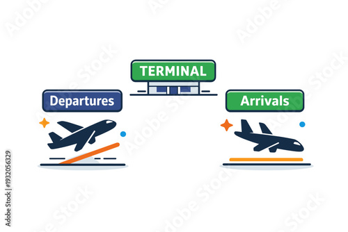 Airport symbols focused on departures and arrivals with a simple terminal sign and plane silhouette, expressing clarity, organization, and international travel