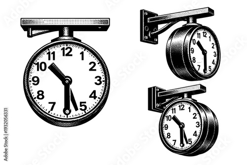 Train platform clock full assembled unit. A realistic train platform clock displayed as one object in three different views, capturing the complete clock head,