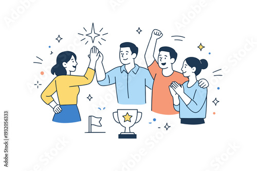 Success concept teamwork win. A collaborative editorial scene of people celebrating a shared success together. Positive energy, mutual support, gentle gestures