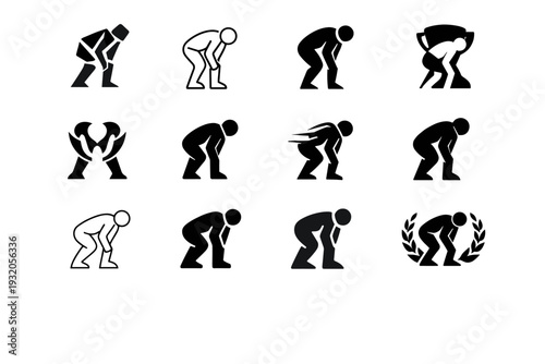 runner slowing down, catching their breath after winning. Icon set. Set Logo of runner slowing down, catching their breath after winning: runner bent forward.
