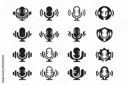 Indie music jam sessions. Icon set. Set Logo of Indie music jam sessions: microphone with sound waves. harmonious logo variations of the same emblematic