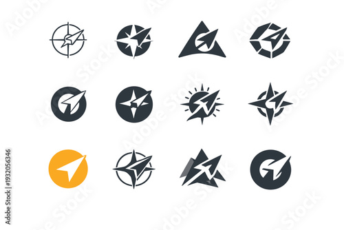Discovery. Icon set. Set Logo of discovery: compass and direction arrow. harmonious logo variations of the same emblematic concept, each with different