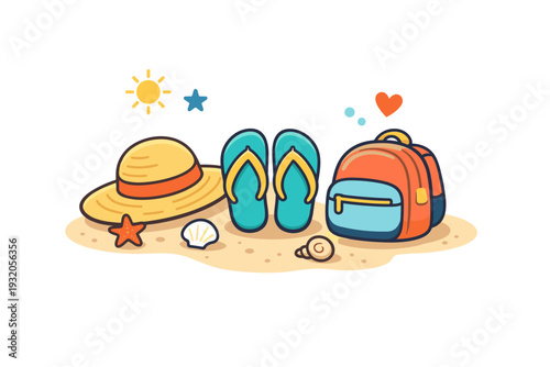 Tropical Vibes summer travel essentials showing a sun hat, flip-flops, and a small backpack placed on sand with tiny starfish and shells nearby, suggesting