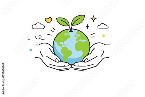 Protecting the planet. Hands gently holding a globe with leaves growing from it, symbolizing care and responsibility. Warm emotional scene with soft decorative