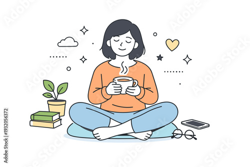 Mental well-being moment. A friendly scene showing a person taking a quiet break with a cup of tea and relaxed posture. The illustration conveys