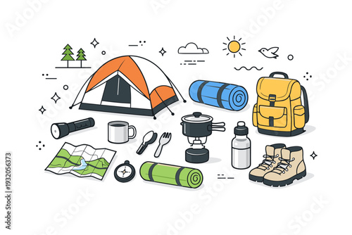 Camping equipment. A clean editorial scene presenting essential camping gear arranged neatly on the ground. Calm outdoor preparation and simplicity, with