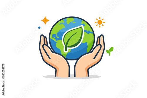 Nature care centered on hands holding a simple globe with a leaf symbol on its surface. The illustration represents responsibility, environmental awareness,