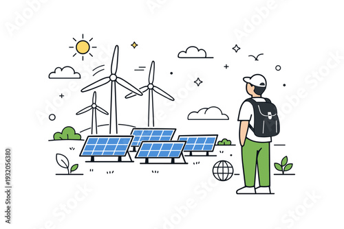 Green energy concept. A calm scene with wind turbines and solar panels arranged in a clean open space, with a person observing the environment. The mood feels