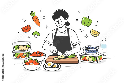 Healthy meal prep. A person chopping vegetables and arranging fresh fruits on a kitchen counter, emphasizing mindful nutrition. Bright, organized scene with