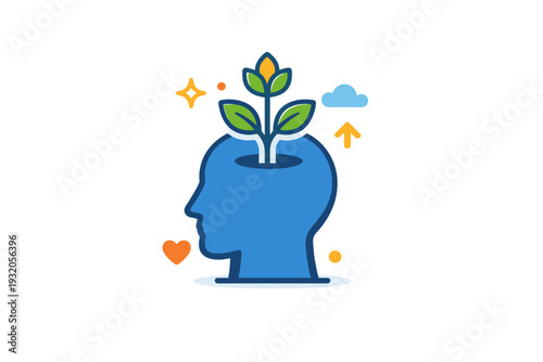 Self development shown as a growing plant emerging from a human head silhouette, symbolizing mindset growth, awareness, and positive inner change. Minimalist